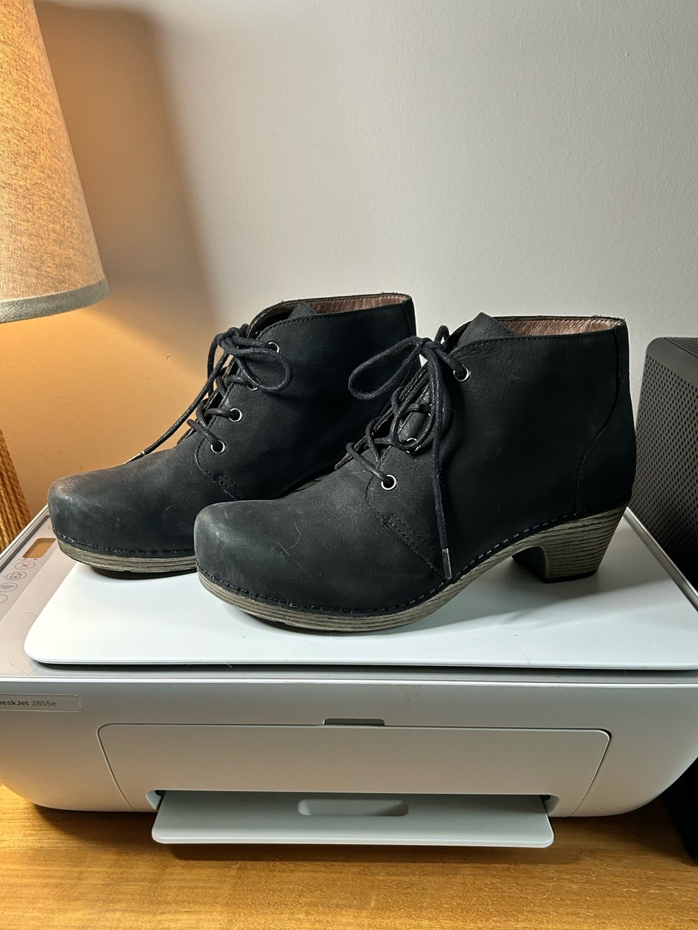Dansko Meena Black Nubuck Lace-Up Clog Booties, 38